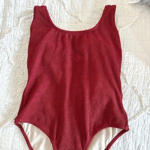 Red ribbed one piece bathing suit
